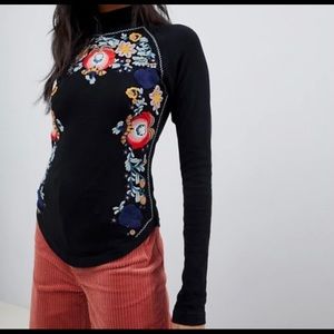 Free People XS Disco Rose Embroidered Long Sleeve